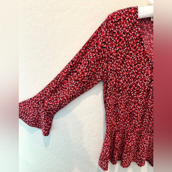 MICHAEL KORS | Red Floral Peplum Blouse Long Sleeve V-Neck Top | Size Small - Picture 4 of 7